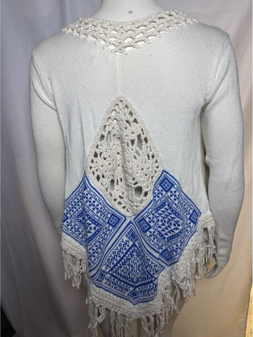 Kaisley Boho Knit Open Cardigan Fringe Crochet Back White Blue Size Small